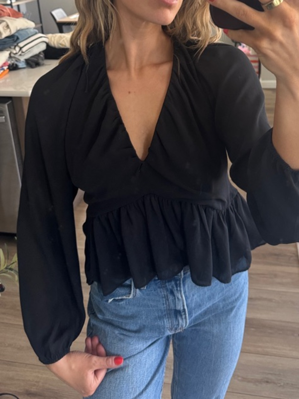 Women's Black V-Neck Peplum Blouse